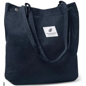 NEW Navy Blue Corduroy Tote Bag Magnetic Snap Inner Pockets Minimalist Shopper